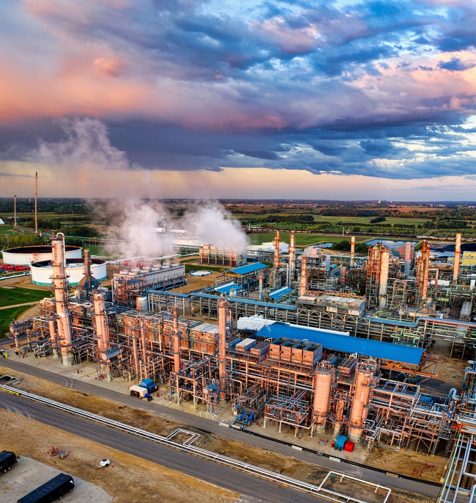 Oil refinery at sunset